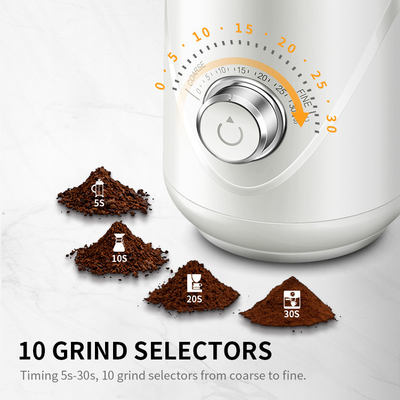 O moedor de café feito sob encomenda branco Coarse Fine Removable do cominhos da pimenta coloca o botão cronometrando